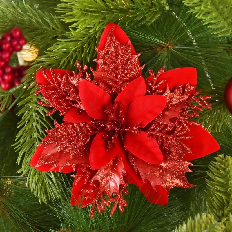 5/10Pcs 14cm Glitter Artificial Christmas Flowers Xmas Tree Ornaments Merry Christmas Decorations for Home New Year Gift Navidad - Look - Home