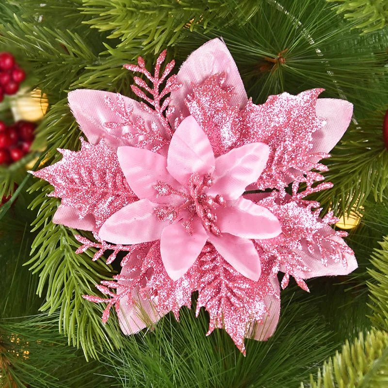 5/10Pcs 14cm Glitter Artificial Christmas Flowers Xmas Tree Ornaments Merry Christmas Decorations for Home New Year Gift Navidad - Look - Home