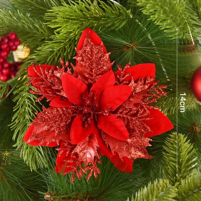 5/10Pcs 14cm Glitter Artificial Christmas Flowers Xmas Tree Ornaments Merry Christmas Decorations for Home New Year Gift Navidad - Look - Home