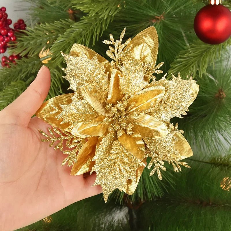 5/10Pcs 14cm Glitter Artificial Christmas Flowers Xmas Tree Ornaments Merry Christmas Decorations for Home New Year Gift Navidad - Look - Home