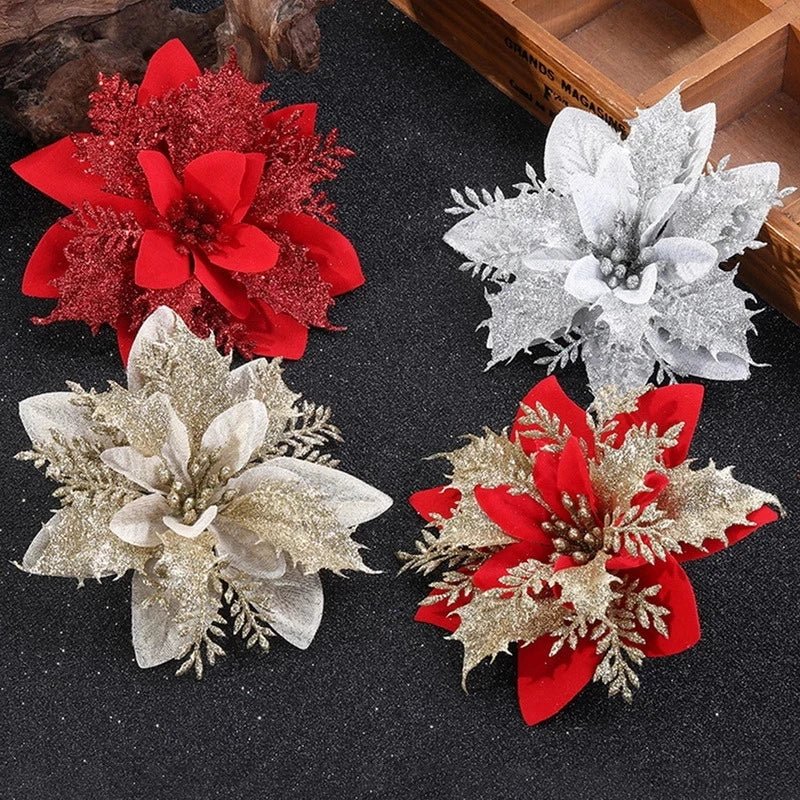 5/10Pcs 14cm Glitter Artificial Christmas Flowers Xmas Tree Ornaments Merry Christmas Decorations for Home New Year Gift Navidad - Look - Home