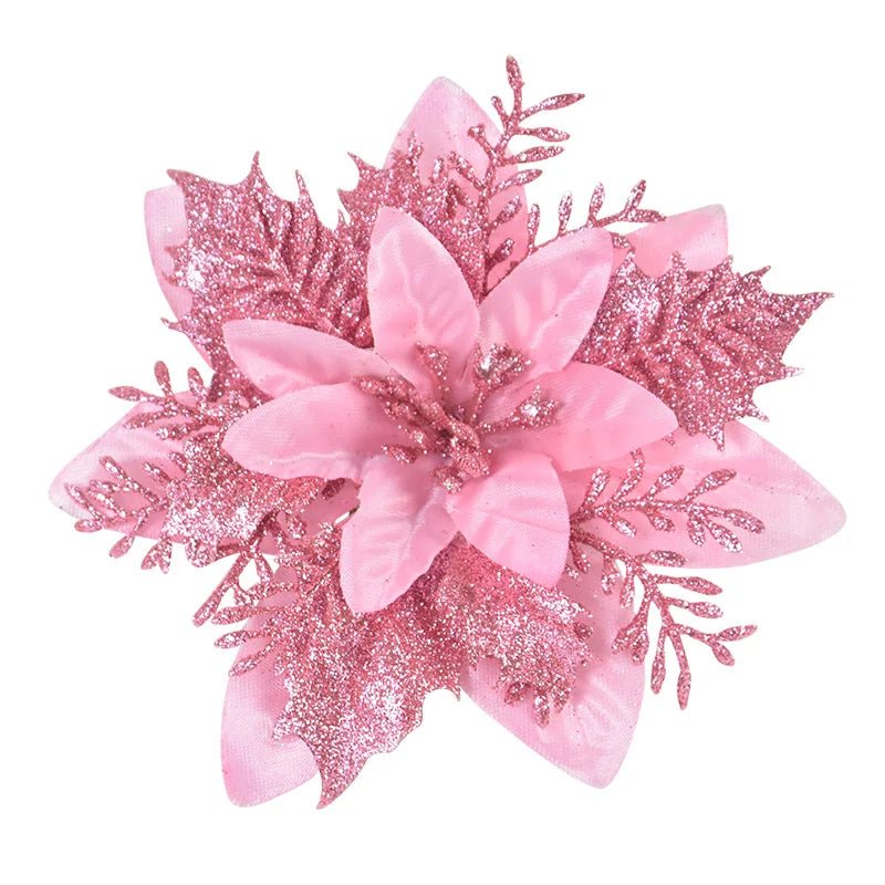 5/10Pcs 14cm Glitter Artificial Christmas Flowers Xmas Tree Ornaments Merry Christmas Decorations for Home New Year Gift Navidad - Look - Home