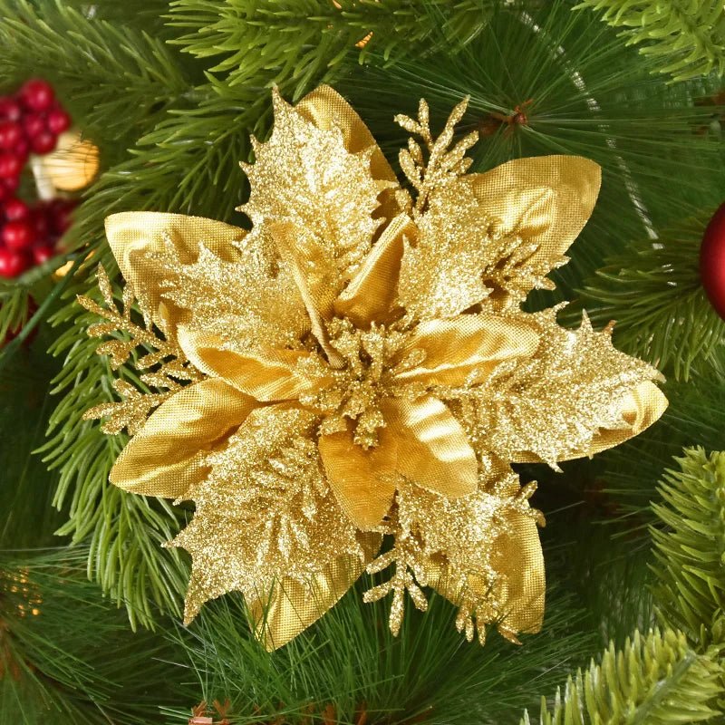 5/10Pcs 14cm Glitter Artificial Christmas Flowers Xmas Tree Ornaments Merry Christmas Decorations for Home New Year Gift Navidad - Look - Home