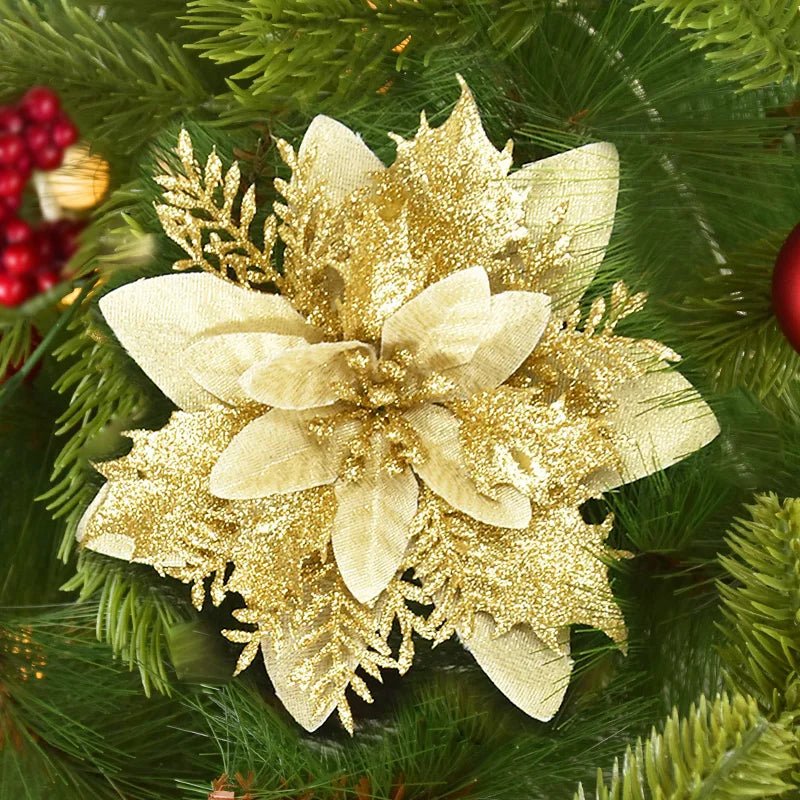 5/10Pcs 14cm Glitter Artificial Christmas Flowers Xmas Tree Ornaments Merry Christmas Decorations for Home New Year Gift Navidad - Look - Home