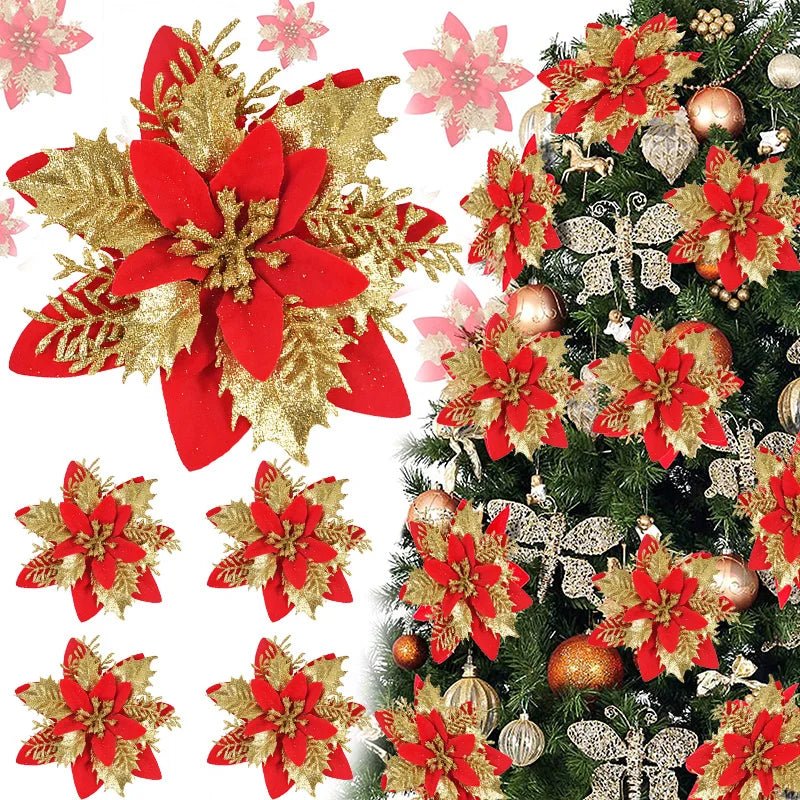 5/10Pcs 14cm Glitter Artificial Christmas Flowers Xmas Tree Ornaments Merry Christmas Decorations for Home New Year Gift Navidad - Look - Home