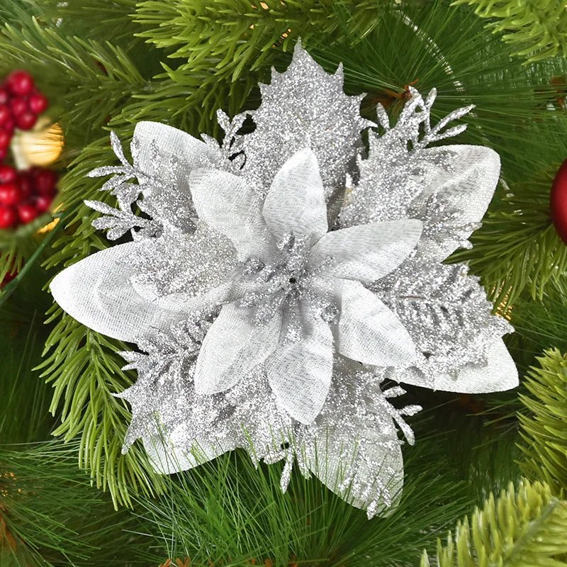 5/10Pcs 14cm Glitter Artificial Christmas Flowers Xmas Tree Ornaments Merry Christmas Decorations for Home New Year Gift Navidad - Look - Home