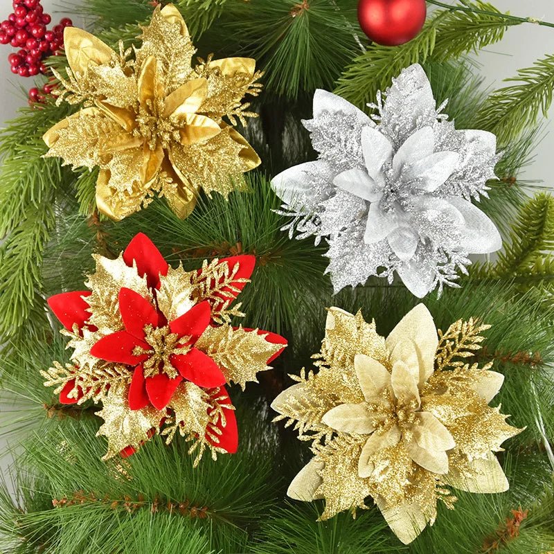 5/10Pcs 14cm Glitter Artificial Christmas Flowers Xmas Tree Ornaments Merry Christmas Decorations for Home New Year Gift Navidad - Look - Home