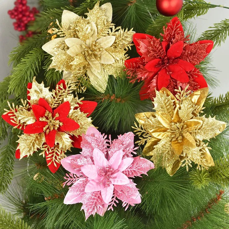 5/10Pcs 14cm Glitter Artificial Christmas Flowers Xmas Tree Ornaments Merry Christmas Decorations for Home New Year Gift Navidad - Look - Home