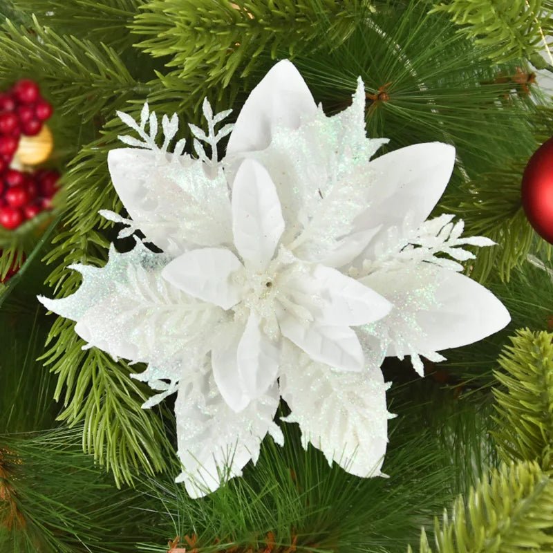 5/10Pcs 14cm Glitter Artificial Christmas Flowers Xmas Tree Ornaments Merry Christmas Decorations for Home New Year Gift Navidad - Look - Home