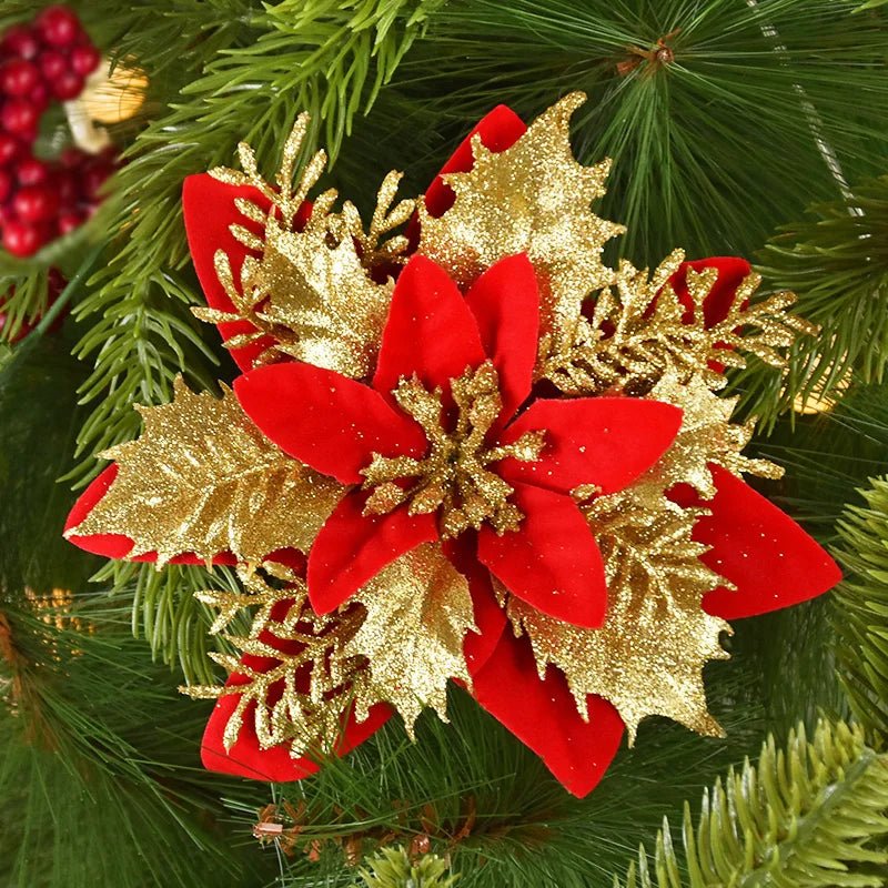 5/10Pcs 14cm Glitter Artificial Christmas Flowers Xmas Tree Ornaments Merry Christmas Decorations for Home New Year Gift Navidad - Look - Home