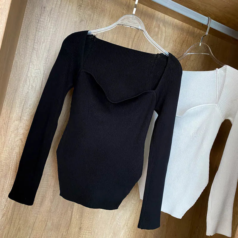 Pull à manches longues et col carré pour femme