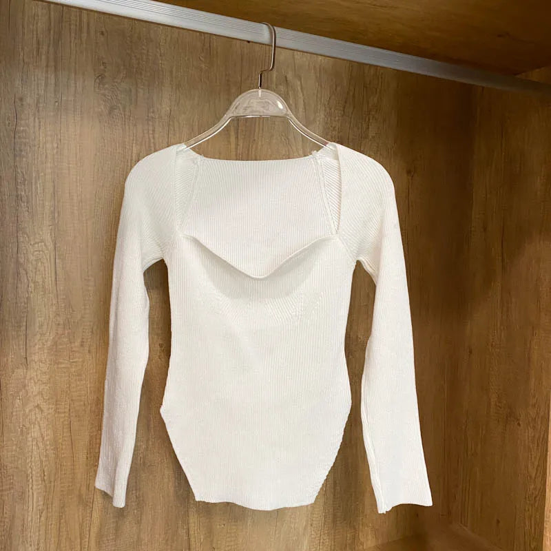 Pull à manches longues et col carré pour femme