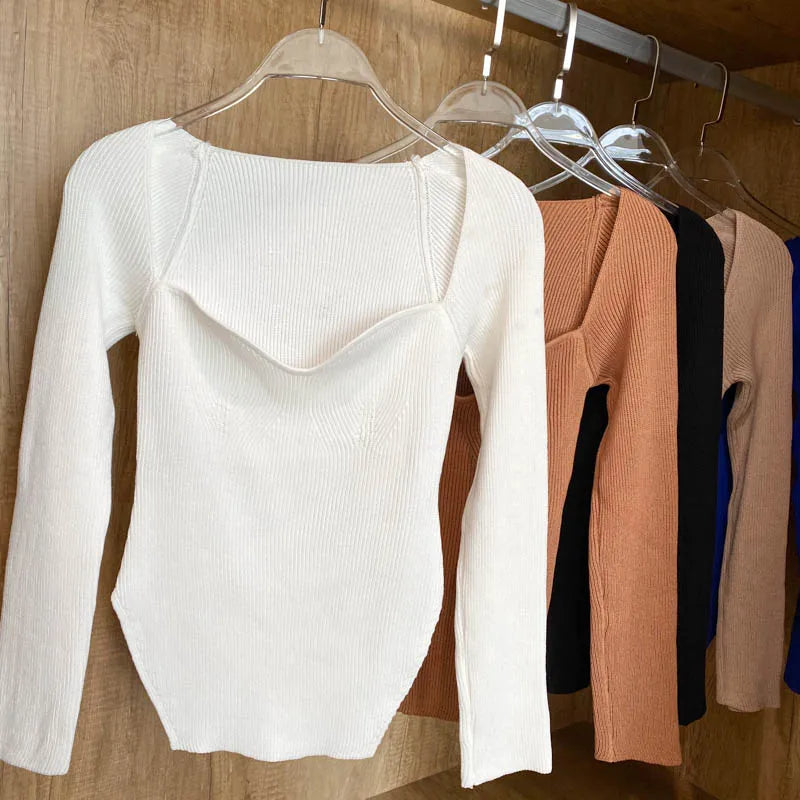 Pull à manches longues et col carré pour femme