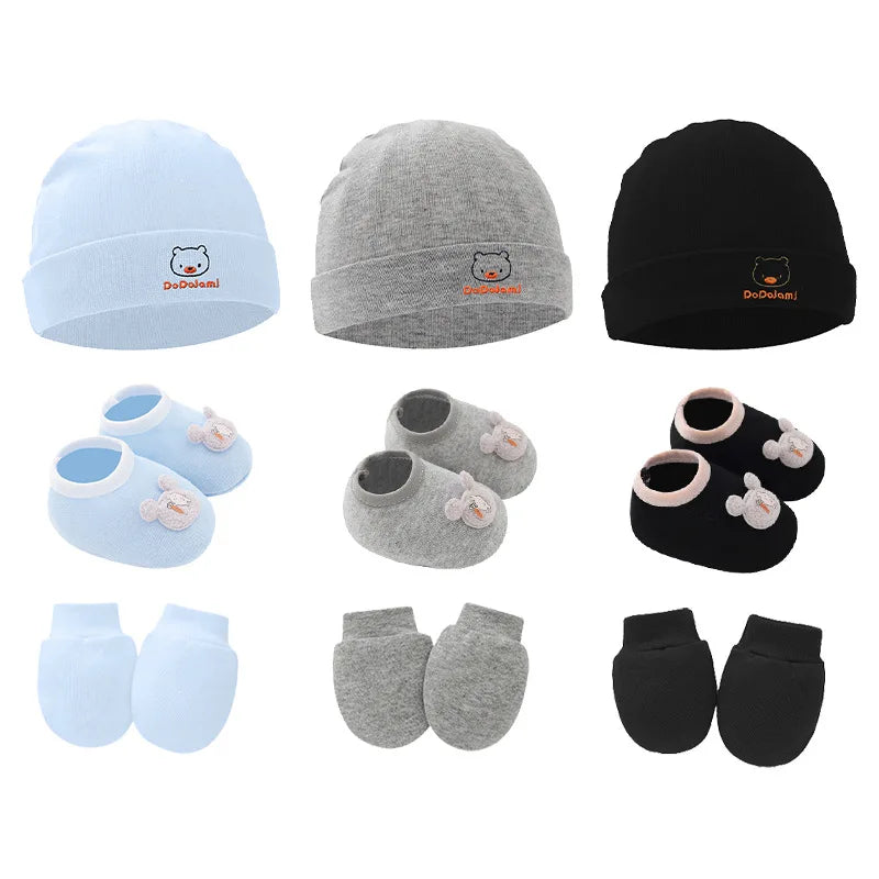 Lot de 3 bonnets en coton pour nouveau-né, gants, chaussettes