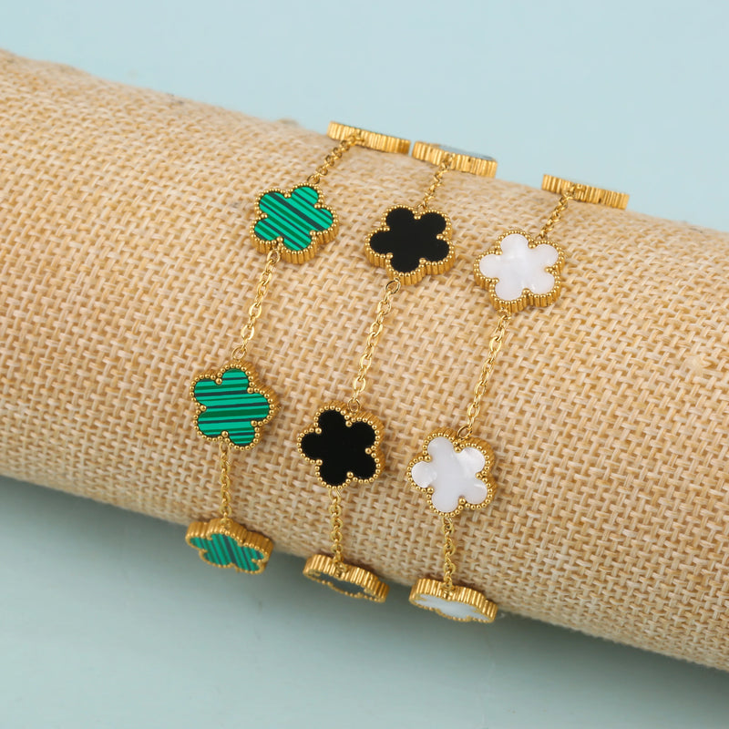 Bracelet réglable en acier inoxydable plaqué or avec cinq pétales de feuilles et fleurs